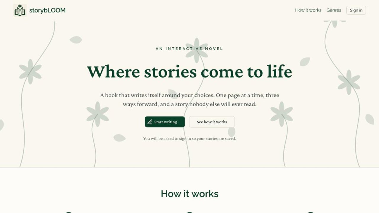 The storybLOOM front page: Where stories come to life, with a Start writing button